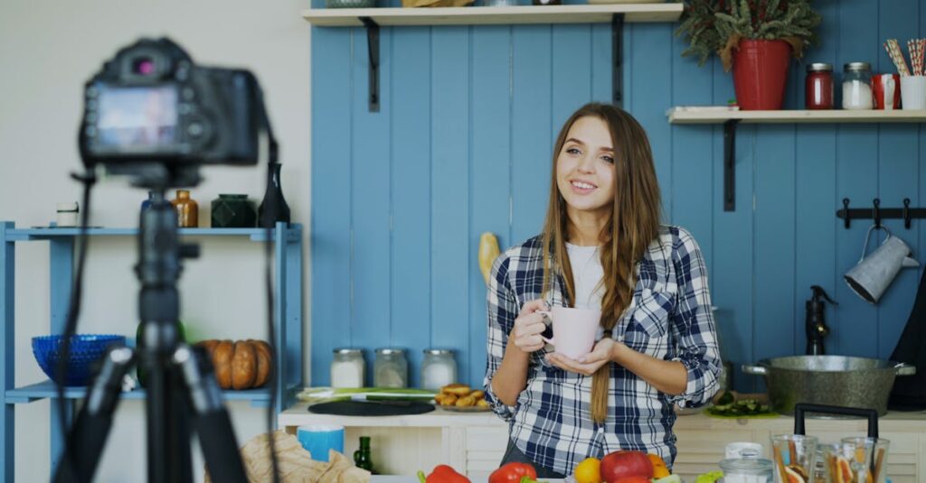 ブログ記事に図解やグラフィックを追加しているブロガー。パソコン画面にCanvaで作成した画像が表示されている。