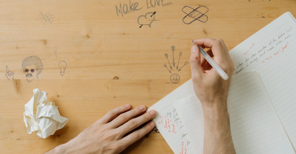 note記事のタイトル案を考えてメモしている人のイメージ