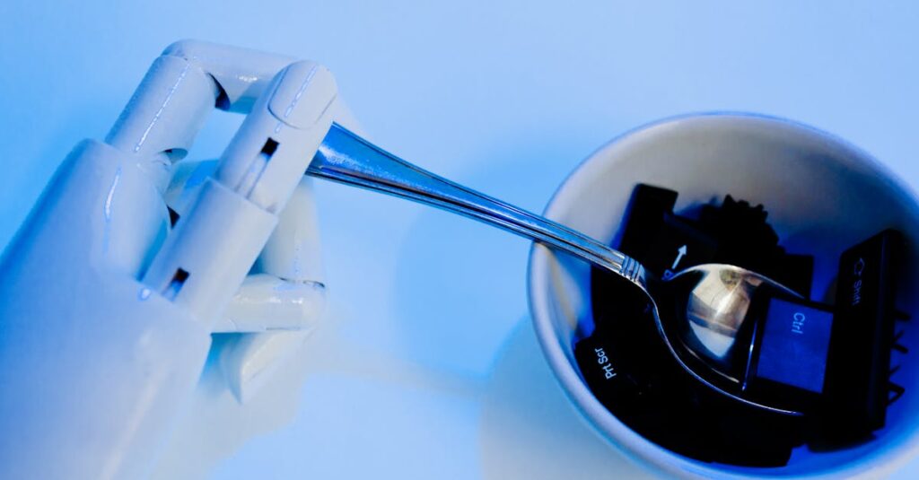 将来の働き方におけるAIの役割を示すビジュアル、パソコンとAIが共同作業する様子