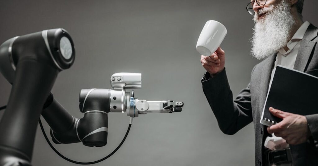 将来の働き方におけるAIの役割を示すビジュアル、パソコンとAIが共同作業する様子